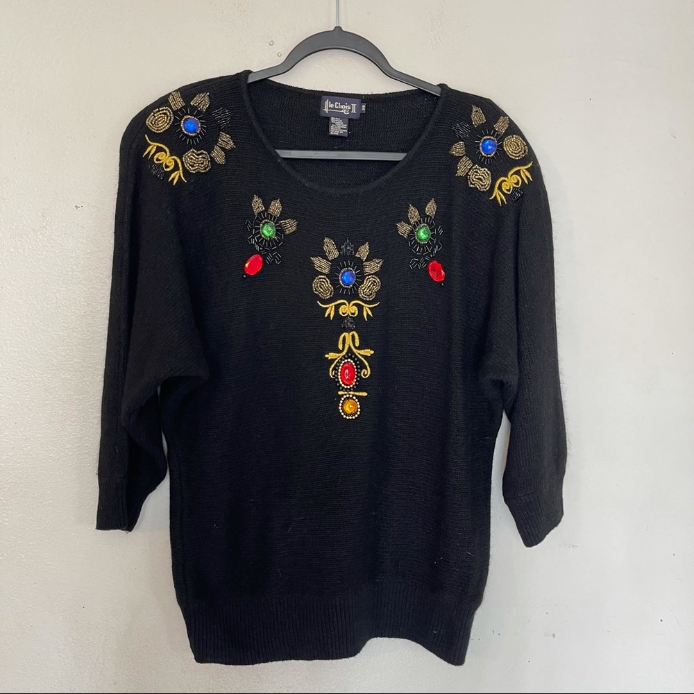 80s Vintage Bejeweled Sweater Silk Rabbit Hair Wool Blend Size 38